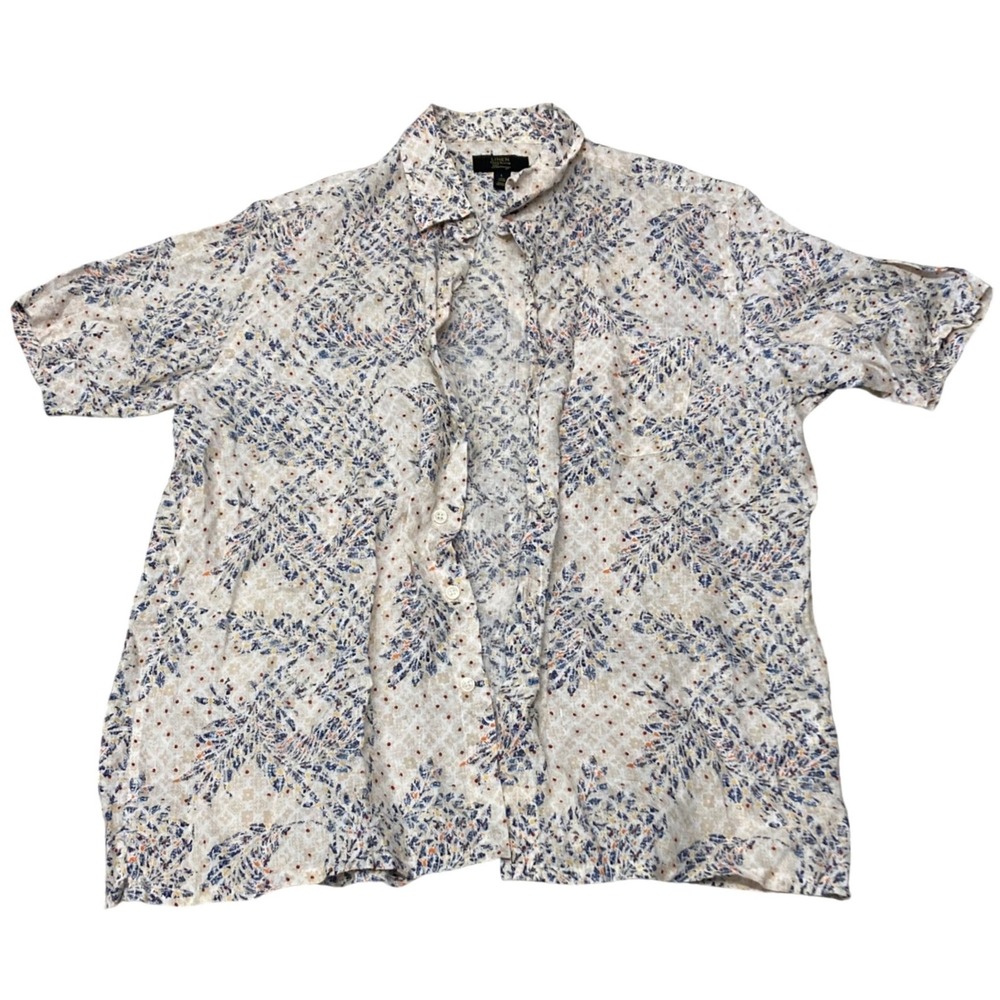 Club Room Luxury Mens L 100% Linen Short Sleeve Button Down Floral Leaf Shirt - Picture 1 of 6